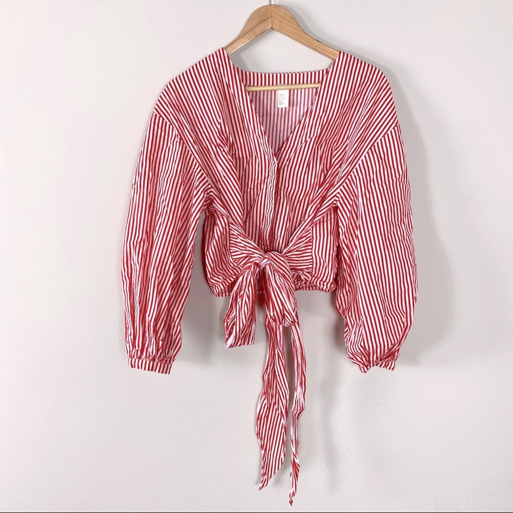 Striped button front blouse with bow